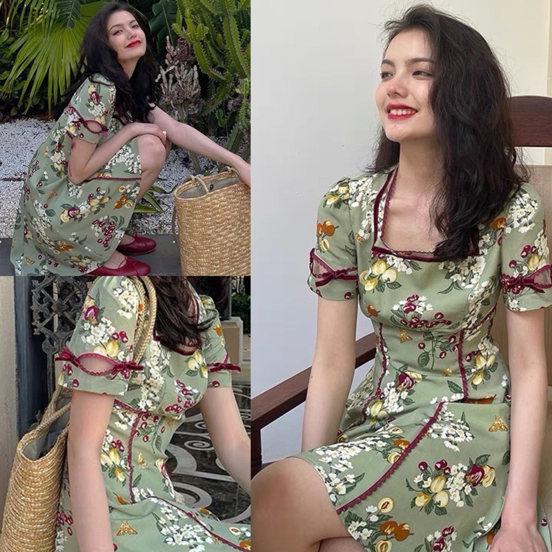 Flower&Peanut Dress มินิเดรสลายดอกไม้ ถั่ว คอเหลี่ยม แต่งกุ๊นสรแดงเลือด ชุดโทนสีเขียว ปาดไหล่ งานป้า