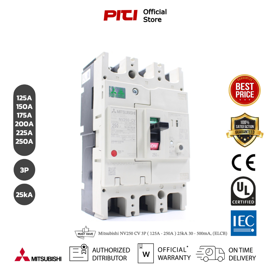 Mitsubishi NV250 CV 3P ( 125A - 250A ) 25kA 30 - 500mA, (ELCB) Earth Leakage Circuit Breakers