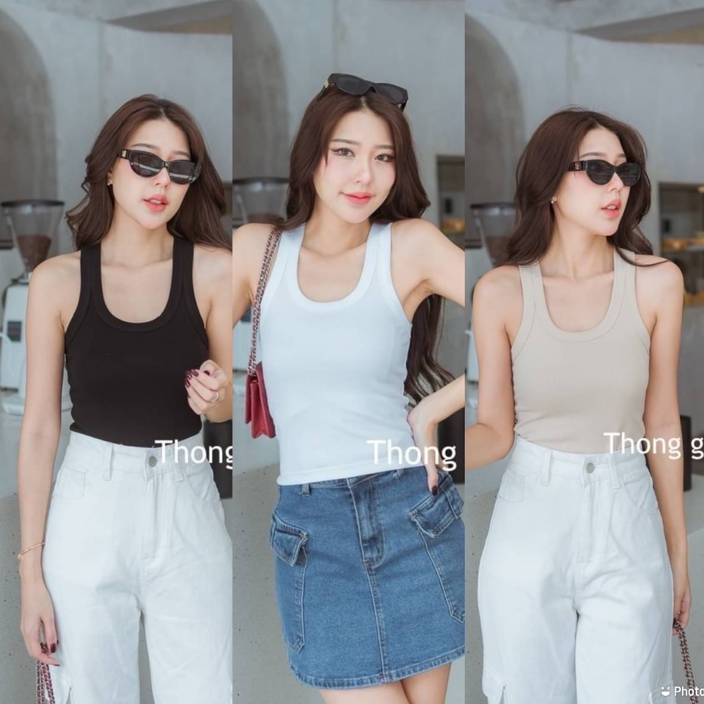 ♥ เสื้อกล้าม แขนกุด คอยู ผ้ายูนิโคล่ เสื้อผ้าผู้หญิง นิ่มมาก ทรงเก๋ๆ 🅰 TGL