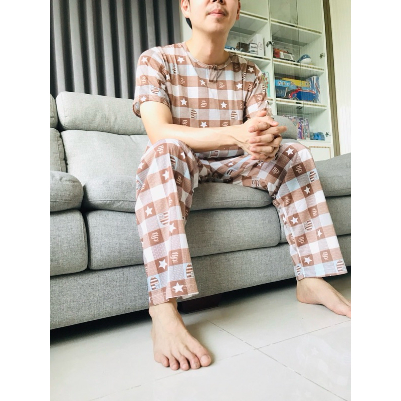 ชุดนอนผู้ชาย ลายสก๊อตใหม่ เสื้อแขนสั้นกางเกงขายาว ผ้ายืด ผู้ชาย ผู้หญิงใส่ได้ ส่งจากไทย
