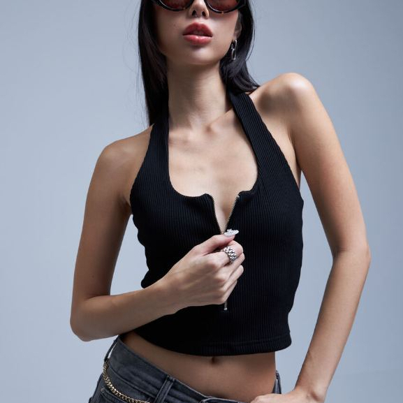 AHT104 Zip up halter rib top เสื้อคล้องคอครอปซิป