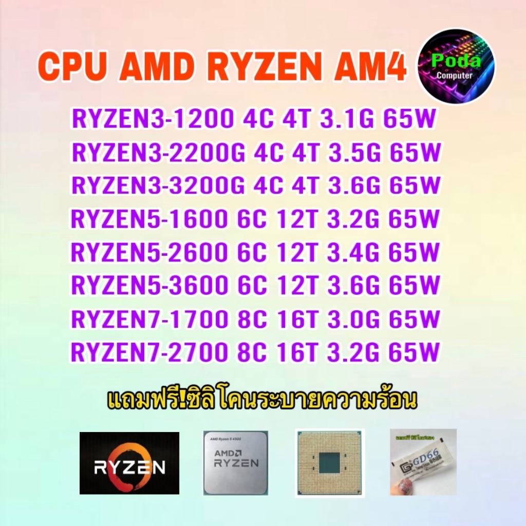 ซีพียู CPU AMD RYZEN 3 1200/ RYZEN 3 3200G/ RYZEN 5 1600/ RYZEN 7 1700 SOCKET AM4 ฟรีซิลิโคน1ซอง
