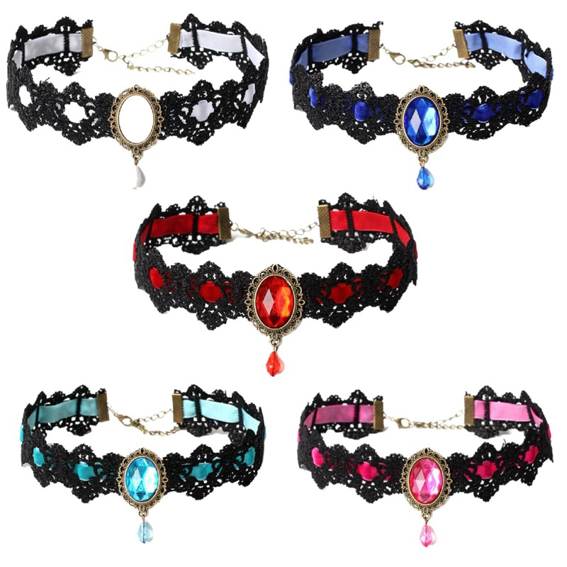 พร้อมส่งจากไทย ❣️ (L23) สร้อยคอโชกเกอร์ choker ลูกไม้ สไตล์โกธิค ประดับอัญมณี มีให้เลือกหลายสี