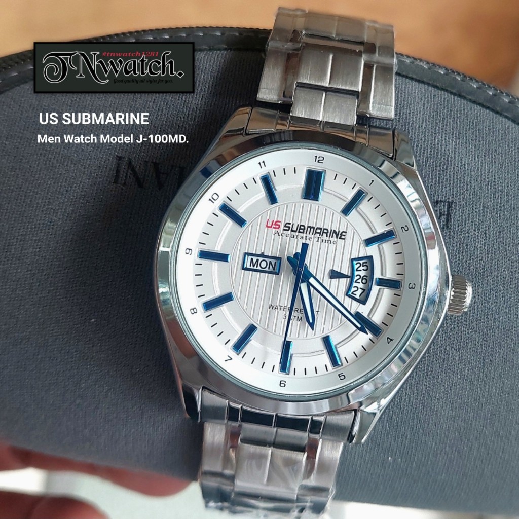 US SUBMARINE รุ่น J-100MDD นาฬิกาข้อมือผู้ชาย นาฬิกาผู้ชาย สายเหล็ก สีเงิน ระบบควอทซ์ อะนาล็อก มีวันที่ กันน้ำ