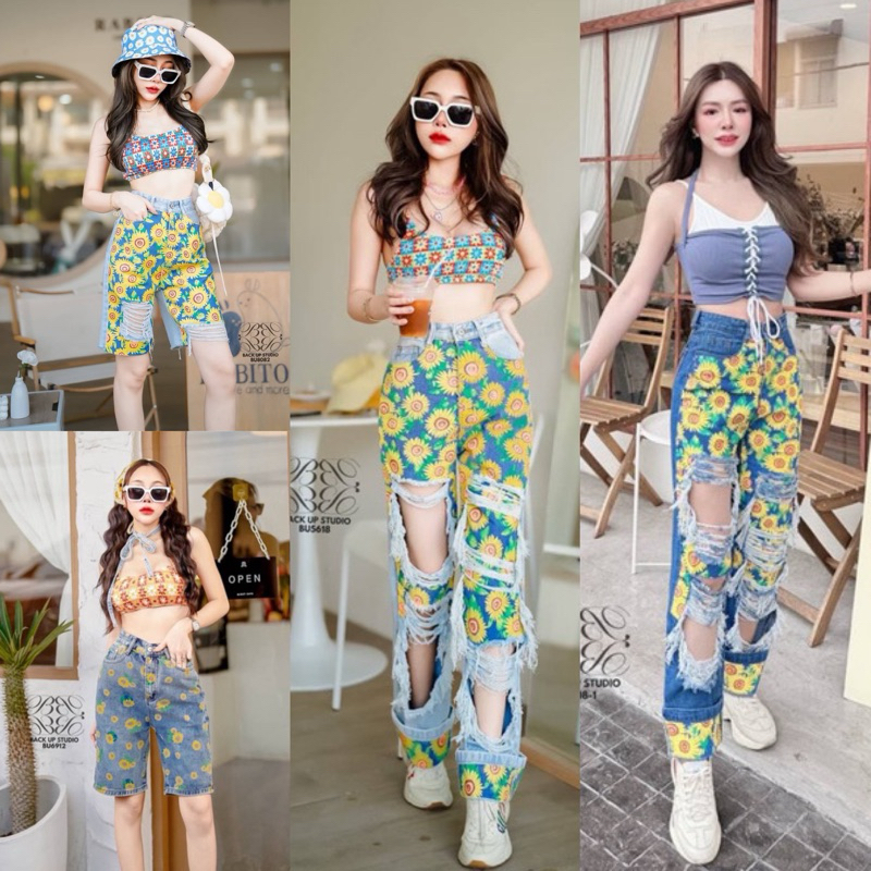 🌻S-6XL🌻กางเกงยีนส์ขากระบอก งานสกรีนทานตะวัน2ชั้น สีสดใสคมชัด แต่งขาดๆเซอร์ๆ