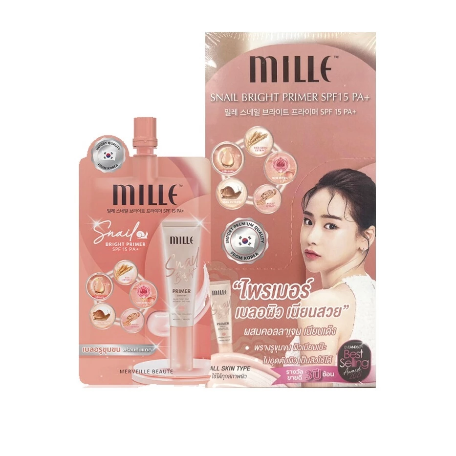 (ยกกล่อง x 6ซอง) ไพรเมอร์ มิลเล่ Mille Snail Bright Primer SPF15 PA+ 6 กรัม