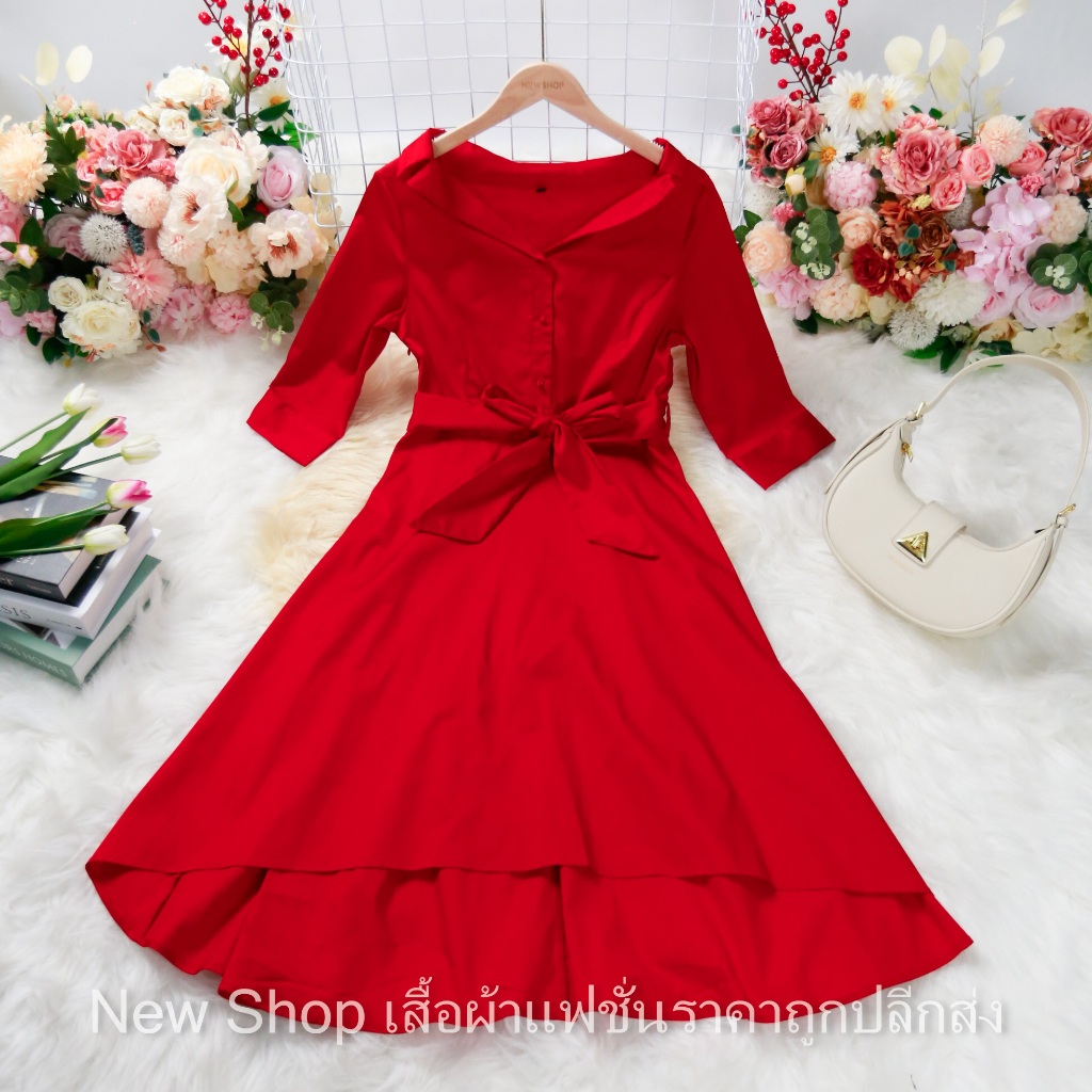 ชุดเดรส สีแดง ผ้าคอนตอน (Cotton) ความยาวชุด=42