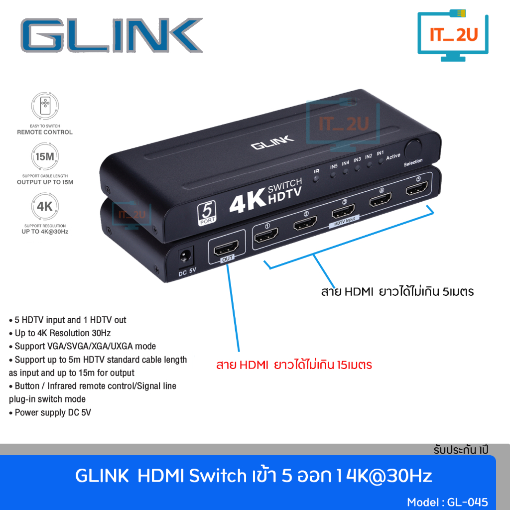 Glink GL-045 HDTV Switch 5 in 1 Out 4K 30Hz อุปกรณ์สลับสัญญาณภาพ 5 HDMI ออก 1จอภาพ