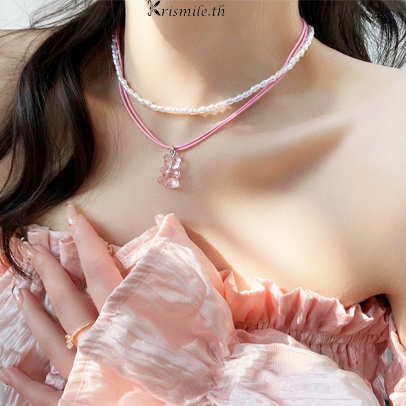 COD-ในไทย💖ใหม่สร้อยคอ สร้อยคอมุกจี้หมีน้อยส์ใสสีชมพูสองชั้นน่ารัก y2kเกาหลี นักเรียนสำหรับผู้หญิง 1 