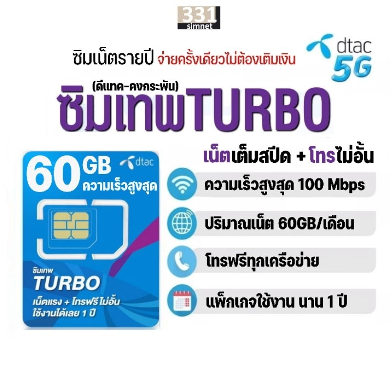 ซิมเทพ Dtac Turbo เน็ต Maxspeed 60GB/เดือน + โทรฟรีทุกเครือข่าย​ นาน​ 12 เดือน #ซิม ดีแทค #ซิมเน็ตรายปี #เลือกเบอร์ได้