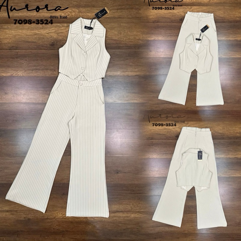 M3 งานป้าย Aurora Set ชุดเซ็ตเสื้อคอปกแขนกุดกางเกงขายาวลายริ้ว สำหรับผู้หญิง เสื้อผ้าแฟชั่นผู้หญิง ไซส์ Xs-XL
