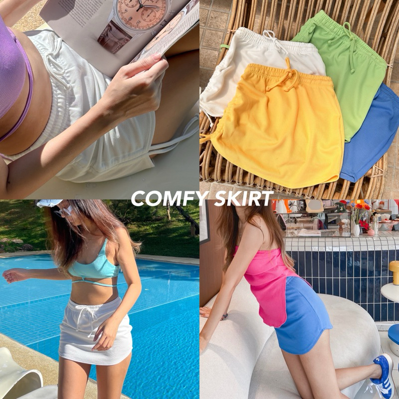 COZY CLUB. - COMFY MINI SKIRT กระโปรงสั้นผ้าร่องสายเชือกรูดข้าง