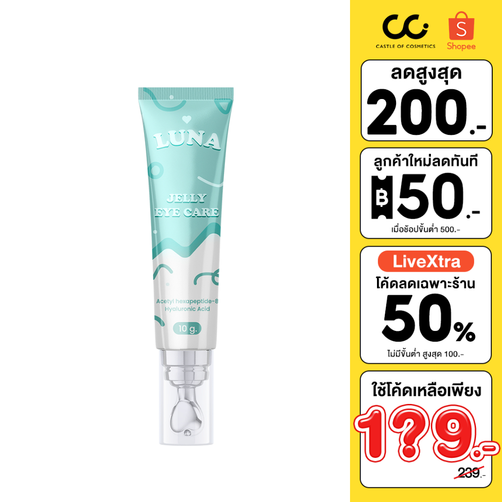 (ใช้โค้ดเหลือ 139-.) Luna Jelly Eye Care (10g) แบบหลอด ครีมทาใต้ตาลูน่า แก้ขอบตาดำ ลดบวม มีหัวนวดเก็บความเย็น