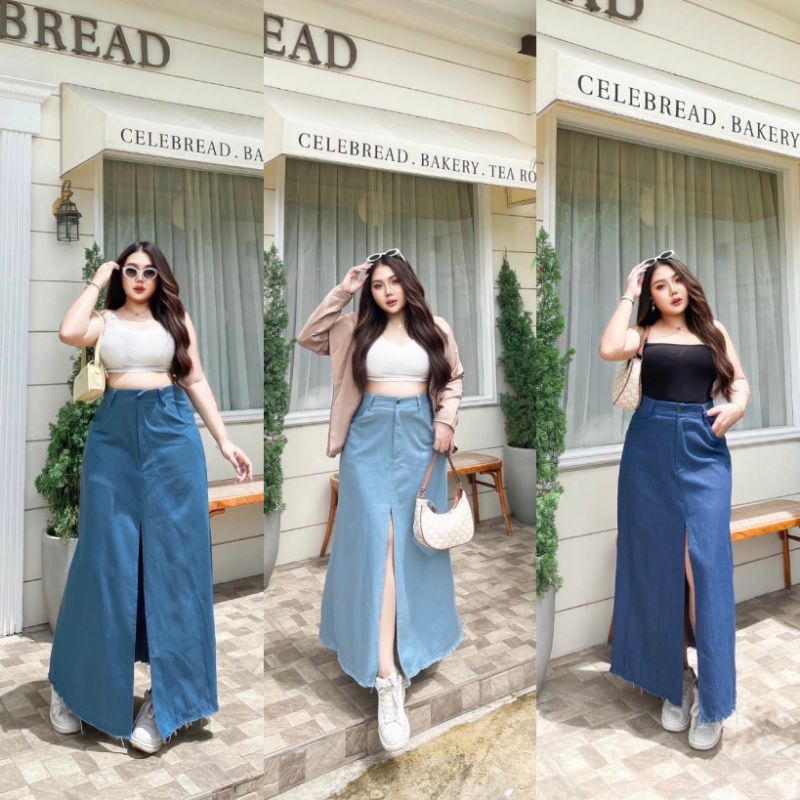 (LC) กระโปรงยีนส์ยาวเอวสูงผ่าหน้า ผ้ายีนส์แท้ เอวสม็อคหลัง สาวอวบไซส์ใหญ่ใส่สวย