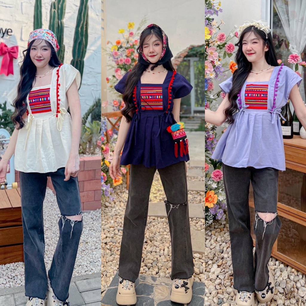 เสื้อดอยทรงเกาหลี แต่งปอมงานผ้าปักสวยๆ