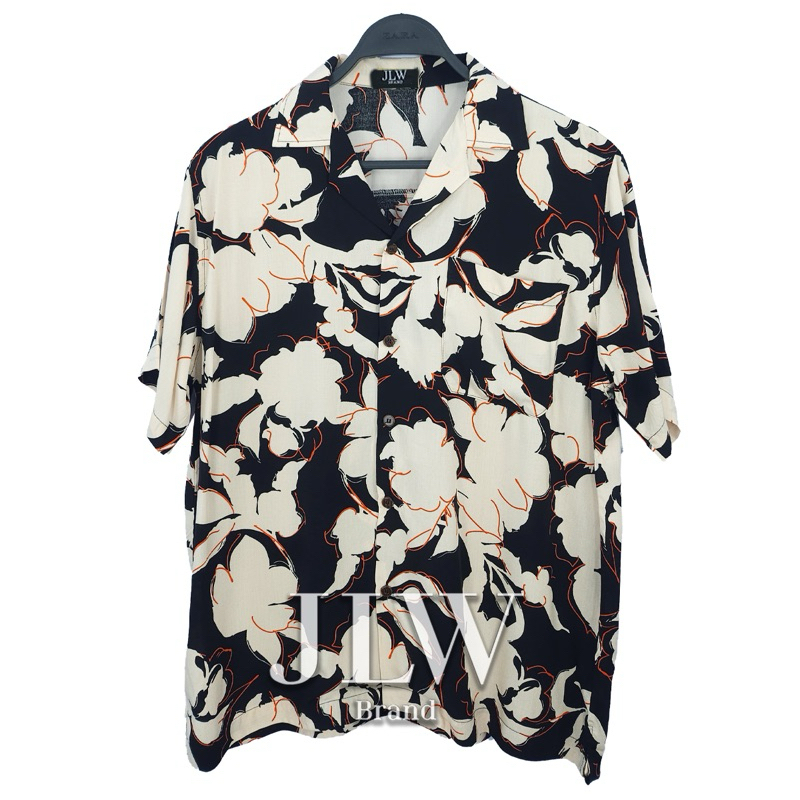 เสื้อฮาวาย ลายดอกขาว ขลิบส้ม