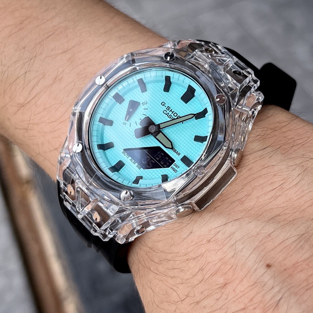 G-Shock Black Tiffany Blue Dial Crystal Design Bezel Black Rubber Strap