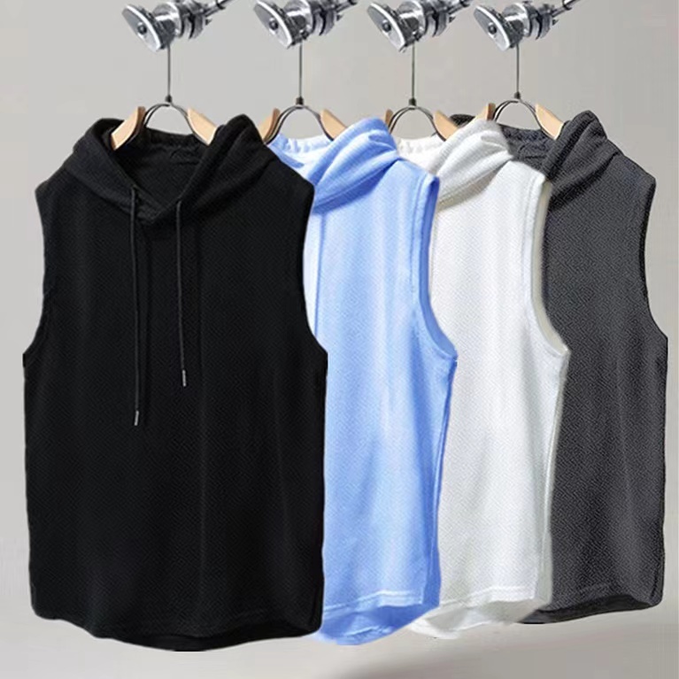 เสื้อแขนกุดผู้ชาย มีฮู้ด สีพื้น สไตส์เกาหลี