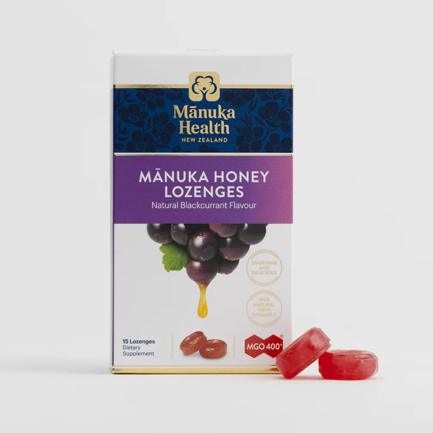 Manuka Health มานูก้า เฮลท์ ยาอม น้ำผึ้งมานูก้า รสแบล็คเคอร์แรนท์ Mānuka Honey & Blackcurrant Lozenges (15 Tablets)