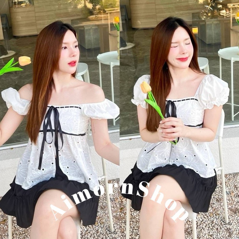 🔥aimorn_shop🔥เสื้อฉลุปักลูกไม้ ทรงแขนตุ๊กตา ผ่าหน้า ดีเทลแต่งคาดริบบิ้น งานน่ารักมากก