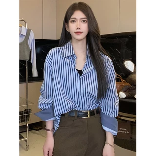 mimi&didi* #พร้อมส่ง*เสื้อเบลาส์ เสื้อเชิ้ตสีน้ำเงิน แขนยาวลายทางแฟชั่นสุดชิค คอวี ย้อนยุค สไตล์เกาหลีหลวมW261