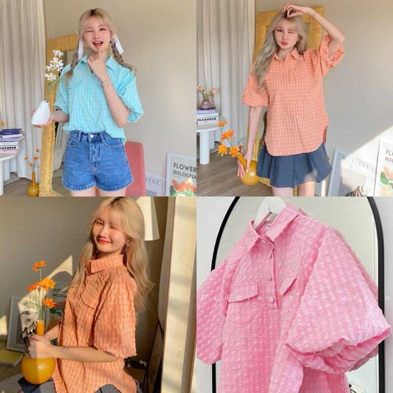 [พร้อมส่ง] ⟢ primproudhome⁺ "Pudding collection" เสื้อเชิ้ตแขนสั้น พองตุ๊กตา แต่งกระดุมหน้า