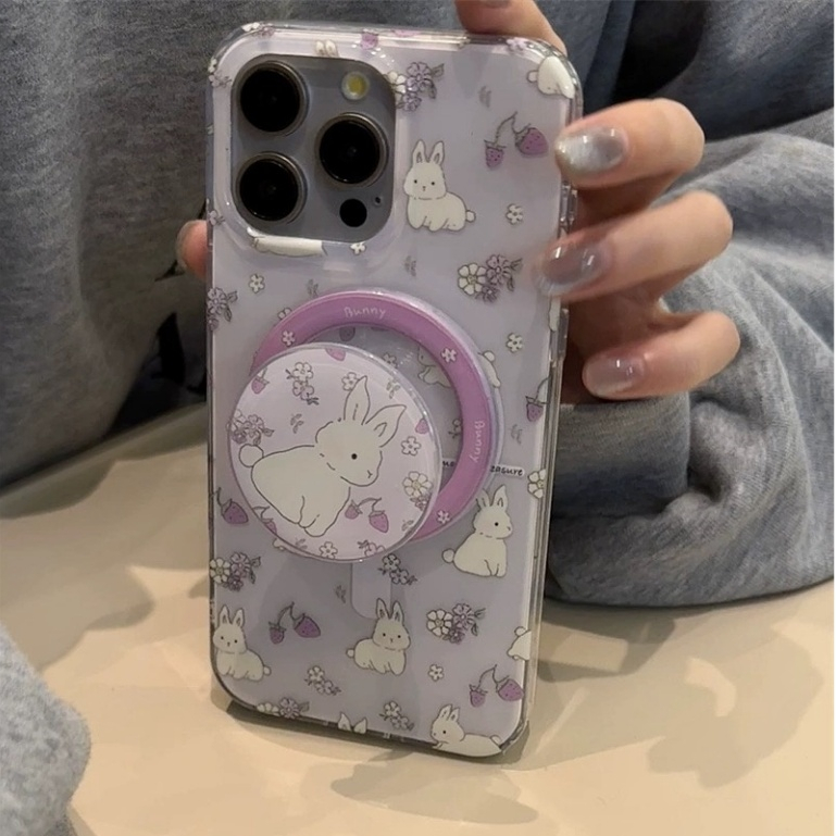 จัดส่งภายใน24ชม แรงแม่เหล็ก ขาตั้ง การ์ตูน กระต่าย iPhone 15 11 14 pro max สีม่วง หวานสวย น่ารัก case for iPhone 12 13