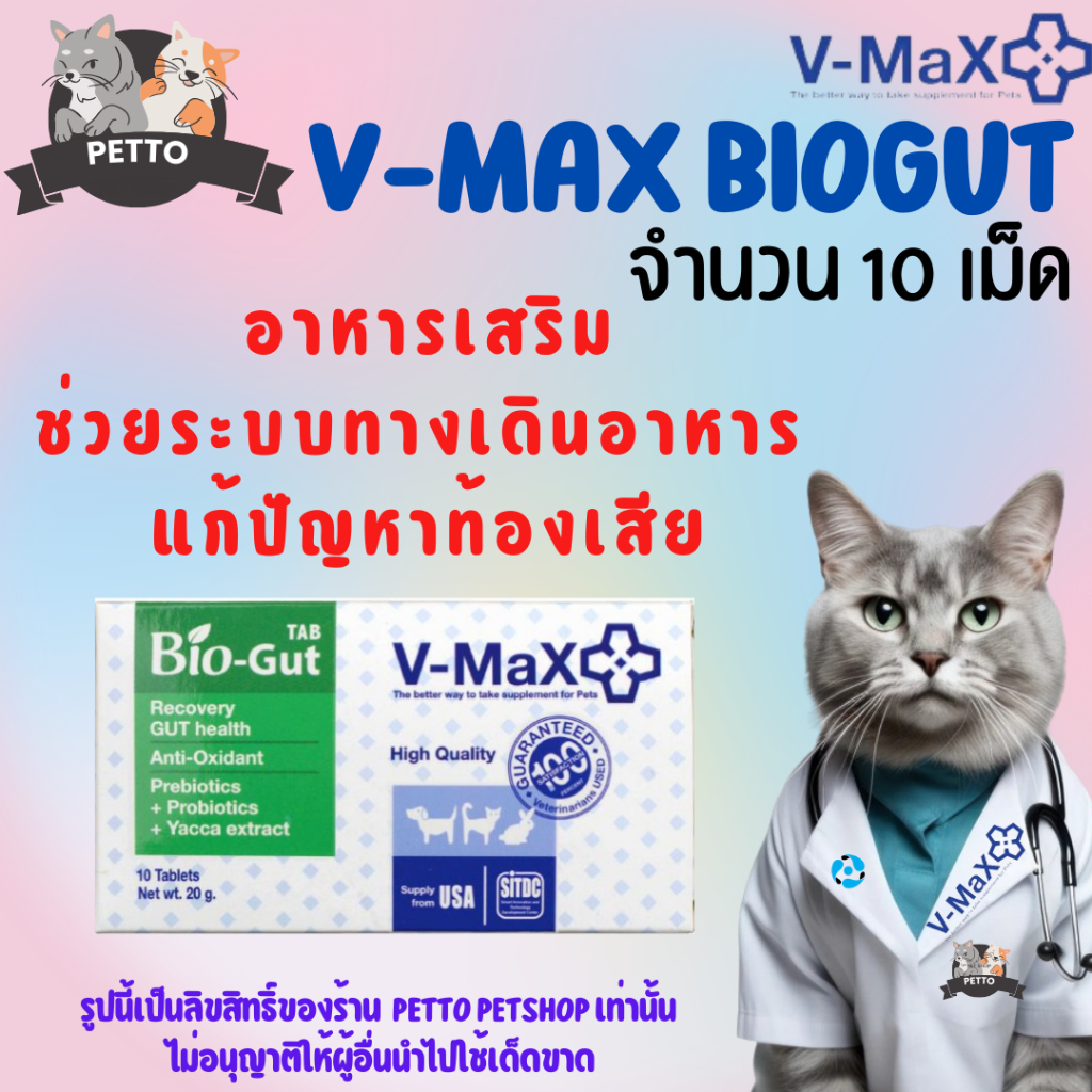 V-max Bio Gut อาหารเสริมช่วยระบบทางเดินอาหาร ช่วยแก้ปัญหาท้องเสีย บรรจุ 10 เม็ด V max biogut