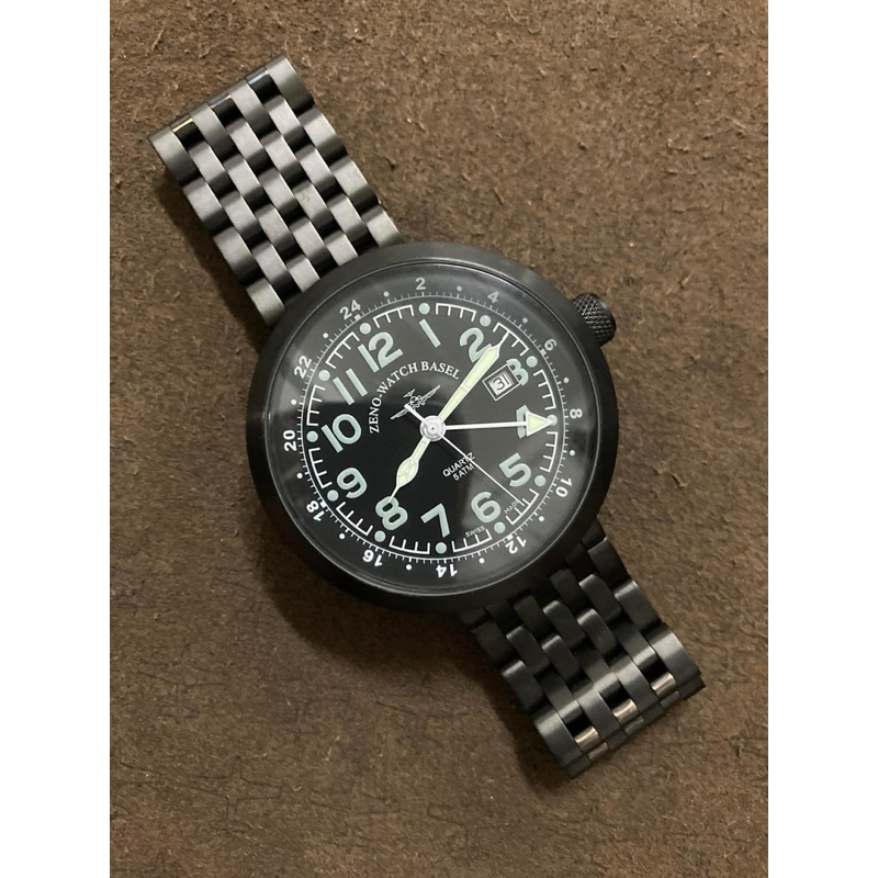 ขายนาฬิกานักบินทหาร 2 เวลา  Pilot Military Zeno-Watch Basel GMT Rondo (Dual Time) Black PVD B554Q Swiss Made Quartz 45m