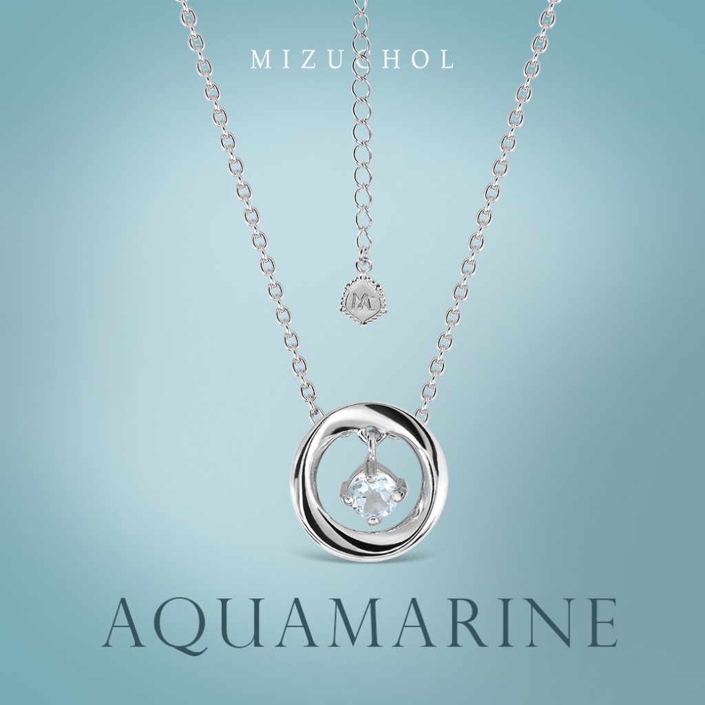 Mizuchol-สร้อยเงินแท้ชุบทองคำขาว Blue Ocean Necklace - พลอย Aquamarine
