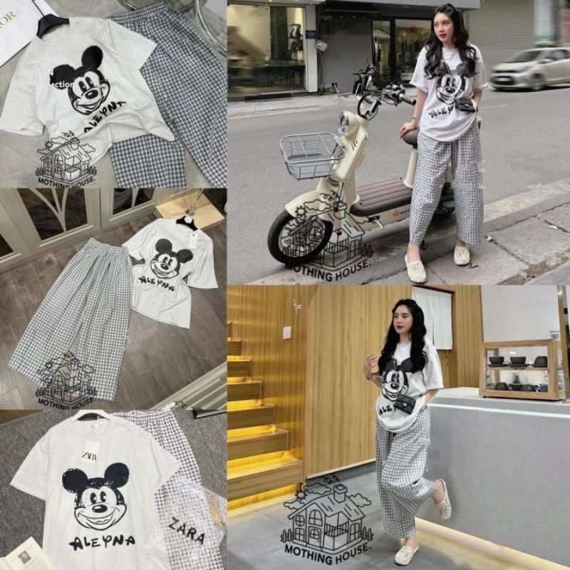 พร้อมส่ง ชุดเซ็ทมิกกี้ (เสื้อ+กางเกงลายสก็อต) งานป้าย