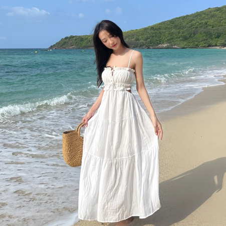 Boo Boo Summer Dress เดรสยาวสีขาวสม๊อค อกโชว์เอวงานผ้าสปัน ดีไซส์ สายเดี่ยว สม๊อคช่วงอก โชว์เอว มีสายผูกด้านหน้า