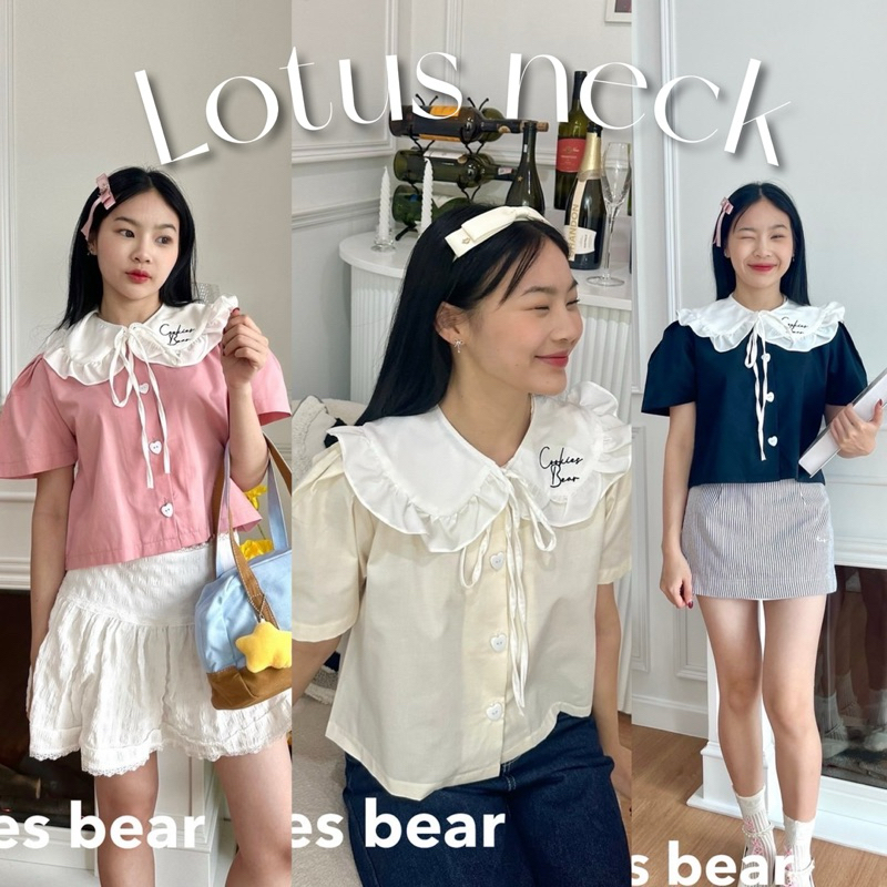 🎉ปกถอดได้💡เสื้อเชิ้ตคอบัวระบาย งานแยก2ชิ้น ปกผูกโบว์ถอดได้  งานปักปก  / J1-3 // COOK-แยกปก