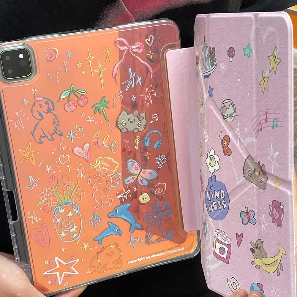 พร้อมส่ง น่ารัก เคสไอแพด gen9 MINI7 วัสดุPC เลเซอ พร้อมที่วางปากกา kitten and dog เคส iPad Air6 11