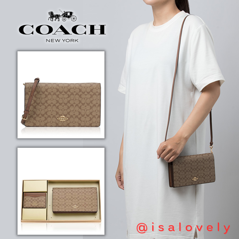 📌Isa Lovely Shop📌  Coach CE879 Boxed Anna Foldover Clutch Crossbody And Card Case Set In Signature Canvas KHAKI SADDLE