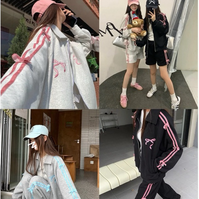 <พร้อมส่งที่แคปชั่น>CCKOK velvet bow sweatshirt jacket two-piece set ชุดเซ็ตสปอร์ตวอร์มโบว์กำมะหยี่ ลุคสนามบิน บัลเลต์