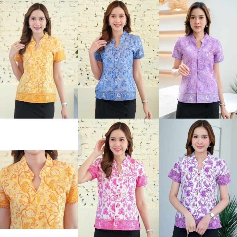 เสื้อปาเต๊ะผู้หญิงคอจีน ลายดอกบานชื่น(ควรเผื่อไซส์ )  สีสวยหวาน ใส่สบายมีบริการเก็บเงินปลายทาง