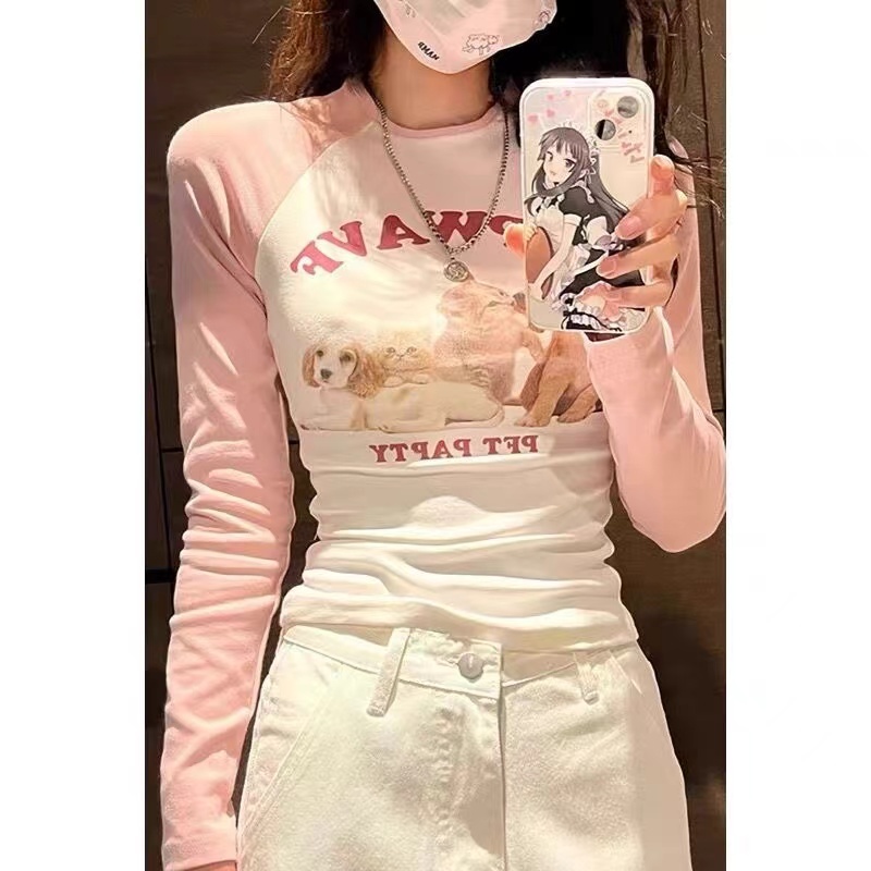 [Sheing office]🌟พร้อมส่ง🌟เสื้อยืดแขนยาวผู้หญิงผ้าฝ้ายบริสุทธิ์พิมพ์ลายลูกสุนัขเย็บสีชมพูแขนยาวกระชับสัดส่วน#FZ15