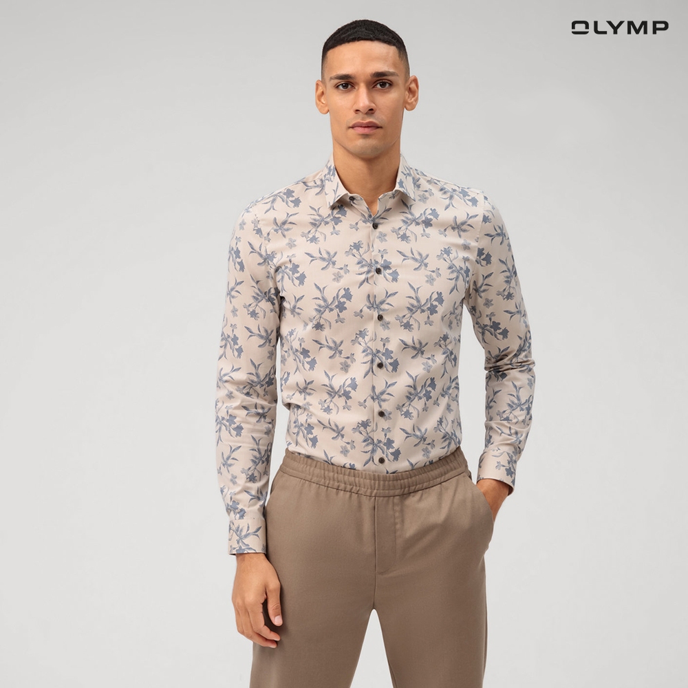 OLYMP  No. Six Shirt เสื้อเชิ้ตชาย ผ้าเรียบลายพิมพ์ดอกไม้ สีเบจ ทรงเข้ารูป ยืดหยุ่นได้ดี รีดง่ายSUMMER