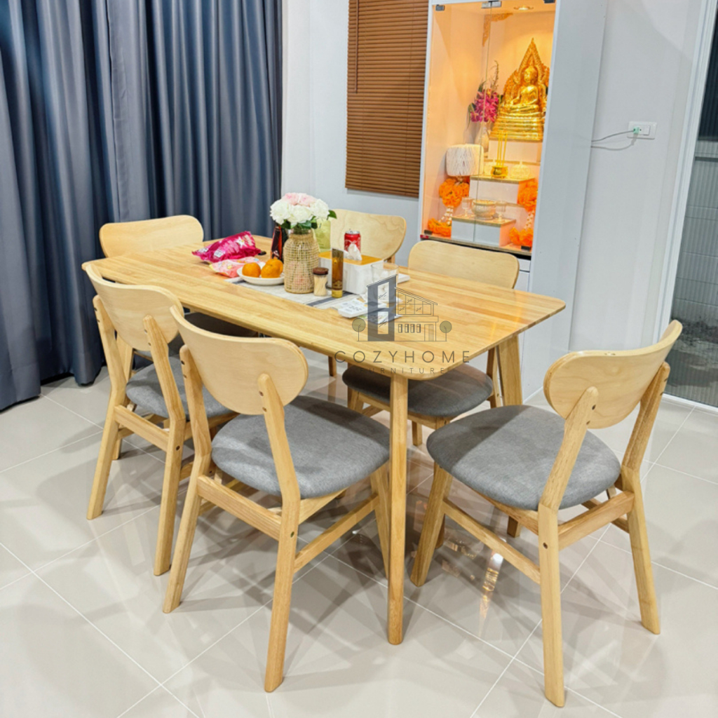 Cozy Home Furniture ชุดโต๊ะรับประทานอาหารสำหรับ 6 ท่าน โต๊ะทานข้าว 6 ที่นั่ง ไม้ยางพารา ยาว 150-180 ซม