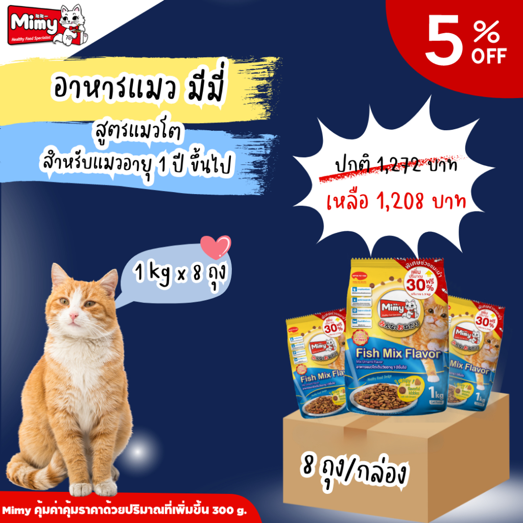 ยกลัง 8 ถุง ลด 5% อาหารแมว Mimy, Adult สูตรแมวโตเต็มวัยอายุ 1ปีขึ้นไป