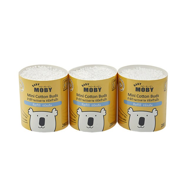 [MB-บัต-เล็ก-เติม] Baby Moby คอตตอนบัตหัวเล็ก ชนิด Refill (3 ห่อ) 280 ก้าน/ห่อ