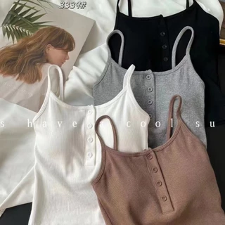 เสื้อสายเดี่ยวผู้หญิง สายเดี่ยวแต่งกระดุม B-102 แฟชั่นเกาหลีสุดน่ารัก ผ้านุ่มใส่สบาย มีฟองน้ำในตัว