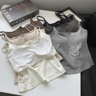 เสื้อสายเดี่ยวผู้หญิง สายเดี่ยวแต่งกระดุม B-102 แฟชั่นเกาหลีสุดน่ารัก ผ้านุ่มใส่สบาย มีฟองน้ำในตัว
