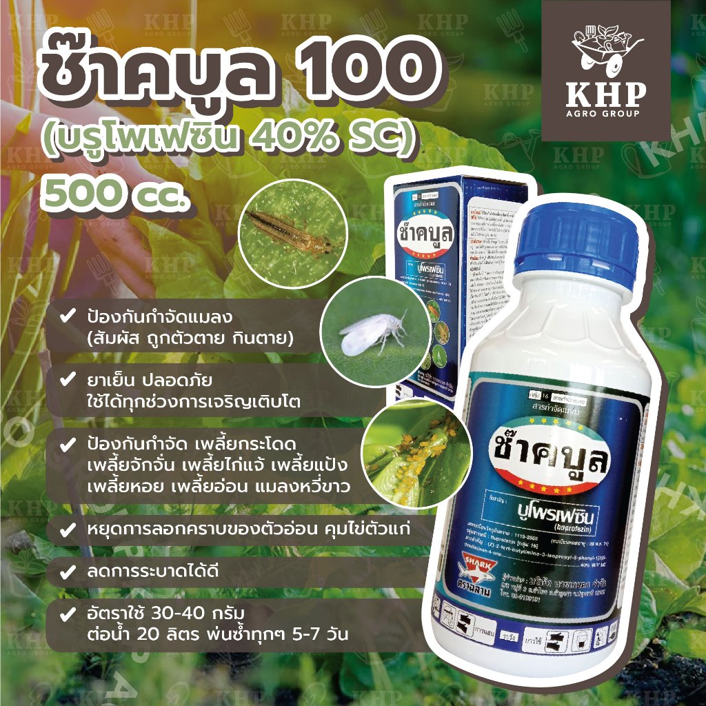ช๊าคบูล 100 (บูโพรเฟซิน 40%SC) กำจัดเพลี้ย แมลงหวี่ขาว ยับยั้งการลอกคราบของตัวอ่อน คุมไข่ ควบคุมการระบาดได้ดีมาก 500 cc.