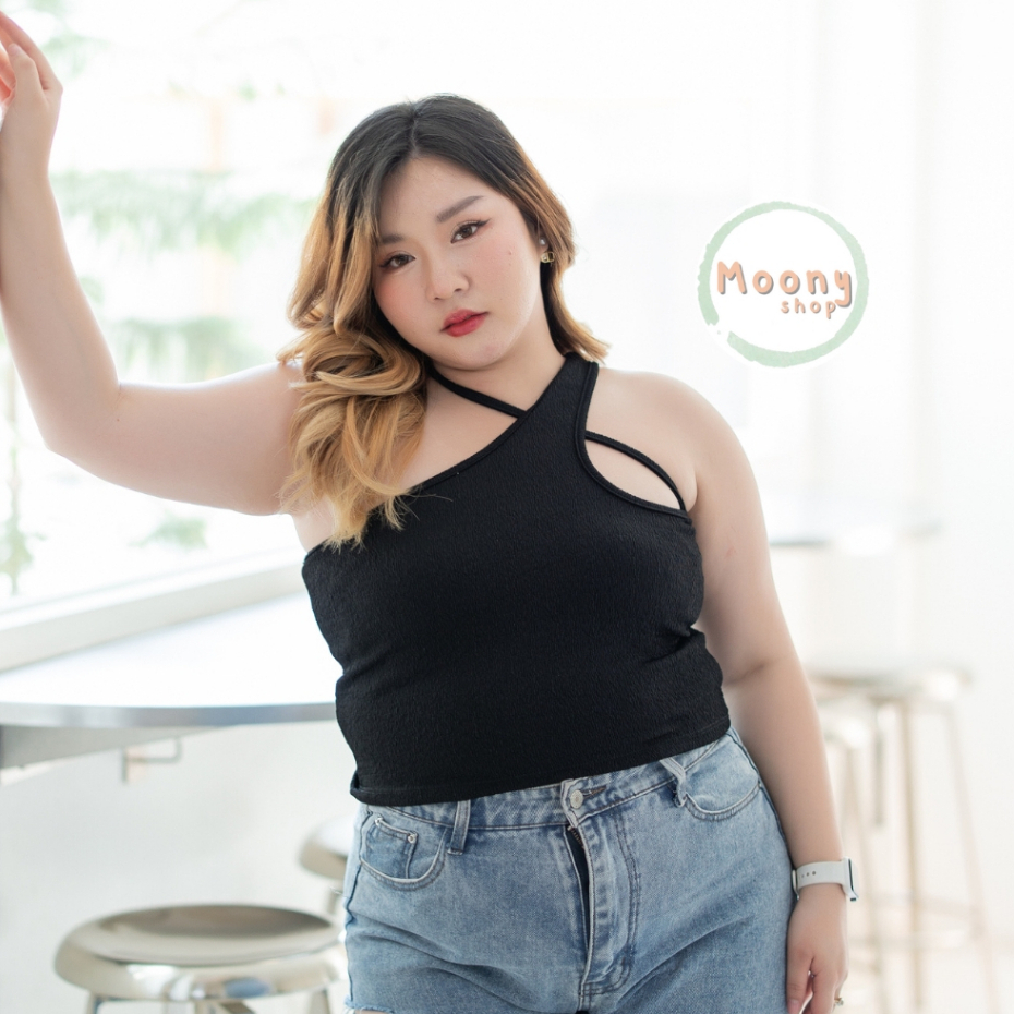 🍭Moonyshop🍭เสื้อครอปสาวอวบ แต่งสายคล้องคอ Crop Top Plussize ใส่ไม่ได้เปลี่ยนได้ #514