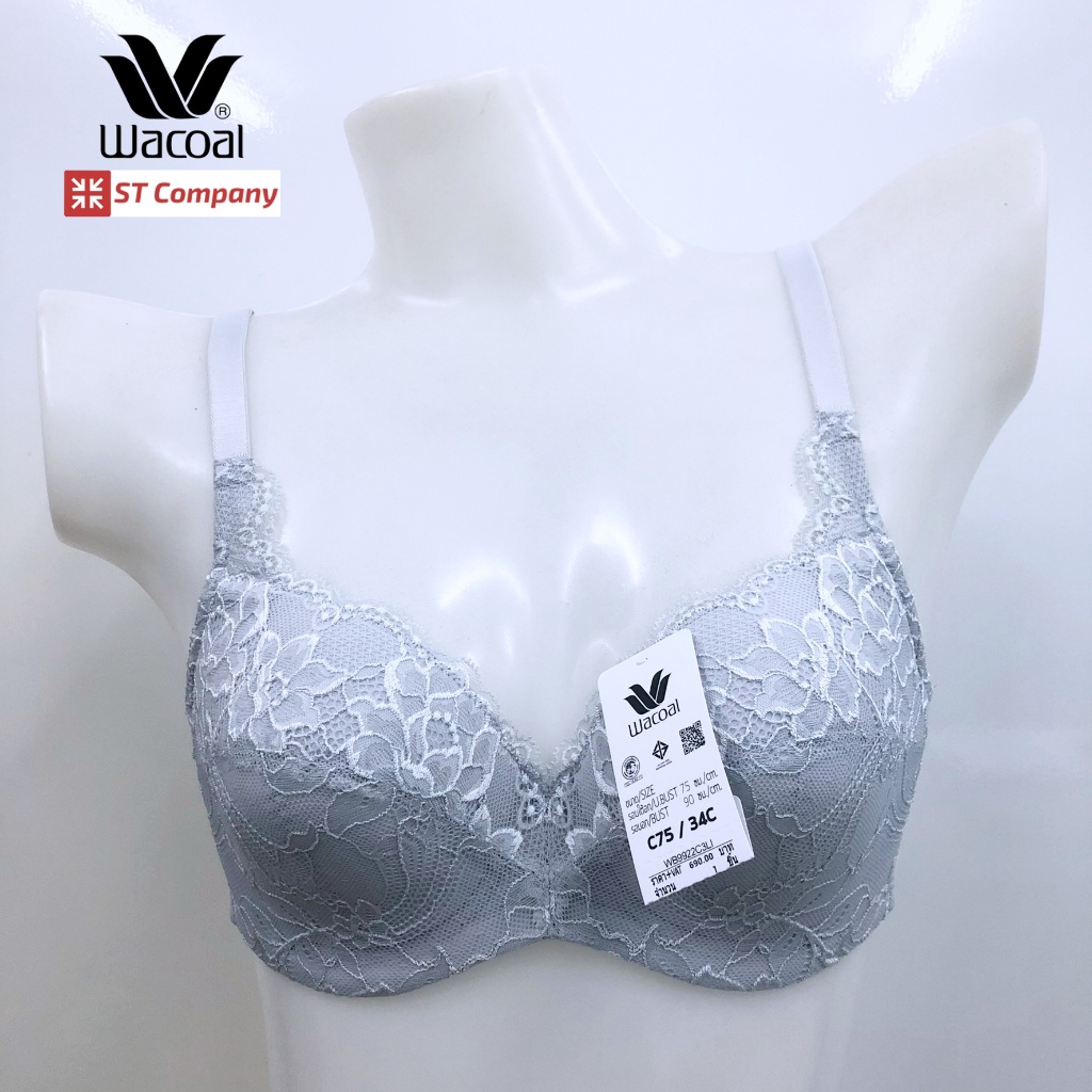 เสื้อใน Wacoal Basic Bra สีเทา (Grey) รุ่น WB9922 บรา 4/5 cup เสริมโครง เสริมฟองบาง ลายลูกไม้ ชุดชั้