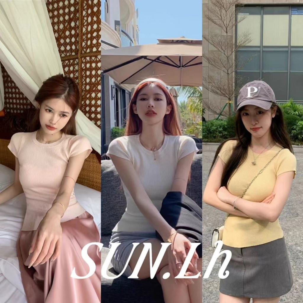 SUN เสื้อถักสไตล์ฝรั่งเศสแขนสั้นและทรงเข้ารูปเก๋ไก๋เหมาะสำหรับฤดูร้อน