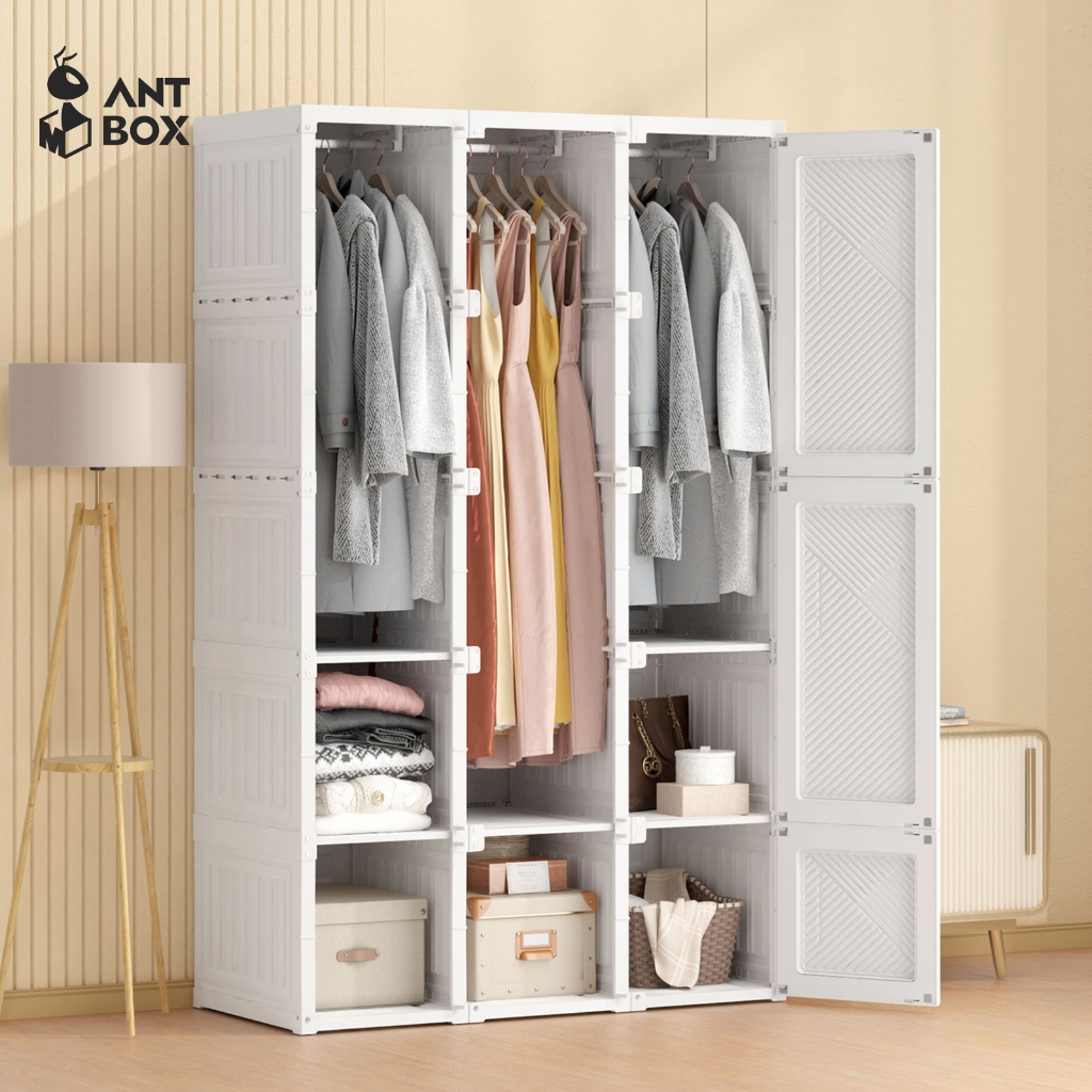 ANTBOX ตู้เสื้อผ้า 15 ช่อง 3 แขวน สีขาว ชั้นใส่เสื้อผ้า เอนกประสงค์ พลาสติกแข็ง พับเก็บได้ ประหยัดพื้นที่ ประกอบง่าย