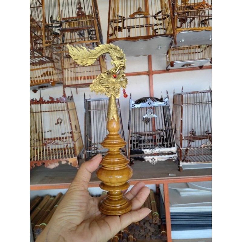 หัวกรงนก หัวกรงไม้สักพร้อมหัวตะขอมังกรจิ๋วรมดำ ขนาด 9-13 ซี่